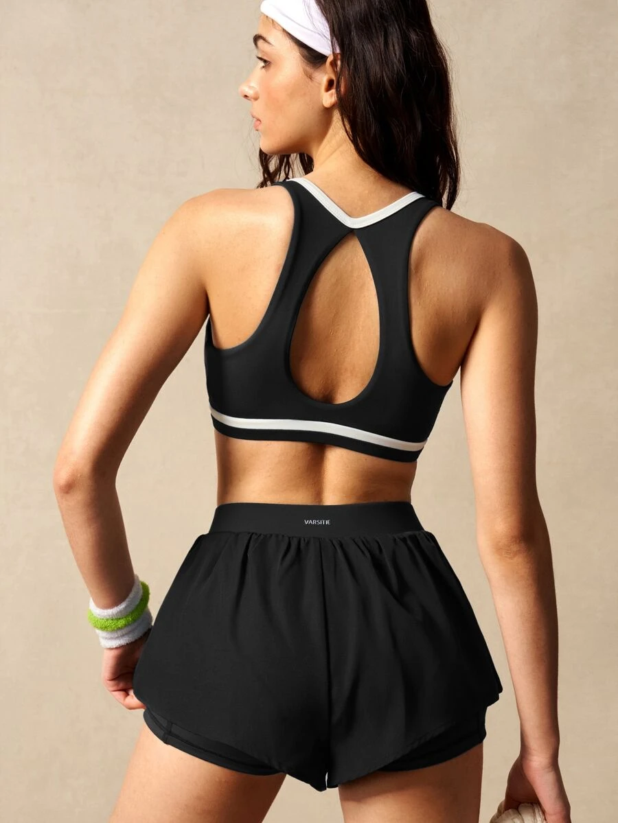 VARSIVA Women's Colorblock Ruched Bra And Double Layer Shorts Sports Set - Black - View 1