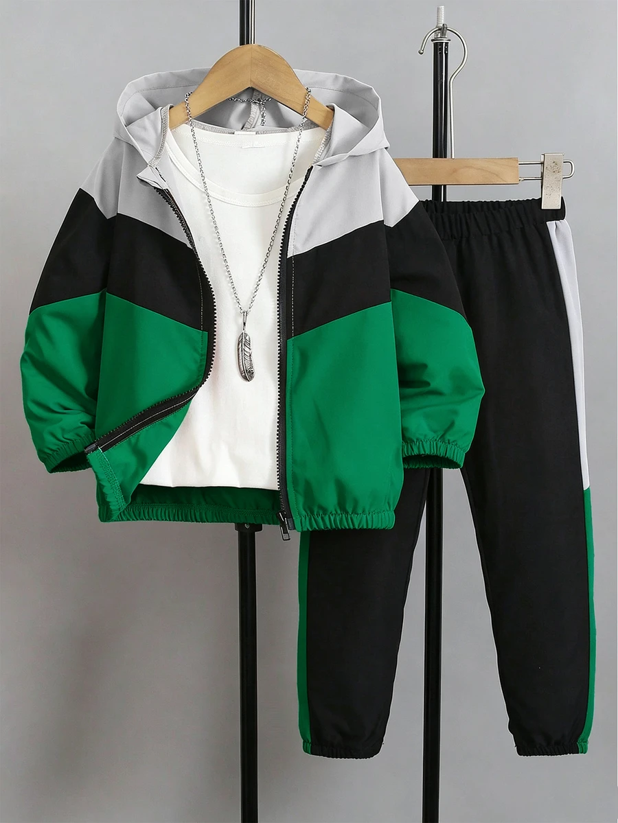 2pcs/Set Boys Casual Colorblock Hoodie & Pants Set, Sports Outdoor, Autumn - Green - View 1