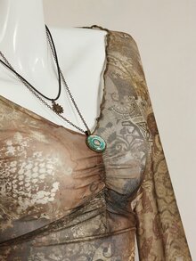 SHEIN ICON 秋季女款西式波希米亞風青色滿版印花V領抓褶優雅長袖襯衫 - 彩色 - 查看 8