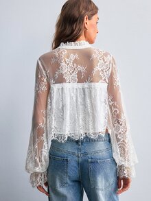 Willow Rêve Women's White Lace Semi-Sheer Stand Collar Button Long Sleeve Blouse - White - View 2