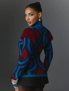NYA SZN Knit Sweater Maxi Retro Long Sleeve Color Block Holiday Festival Special Occasion Everyday Casual Work Concert Going Out Club Party Blue Fall Winter - Multicolor - View 7