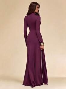 SHEIN BAE Autumn/Winter Solid Olive Green Long Sleeve Mock Neck Tie-Front Slim Fit Knit Dress - Red Violet - View 2