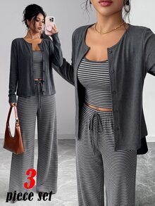 GlowEve Setelan 3 Potong: Kardigan Rajut Polos Wanita dengan Kancing Depan, Camisole Slim Fit Bergaris dengan Hiasan Tali Serut, Celana Panjang Kasual Elegan untuk Perjalanan Sehari-hari - Grey - View 3