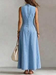 LUMIGAL Women's Casual Daily Summer Denim Dress With Pockets And Pleats - Blue - View 2