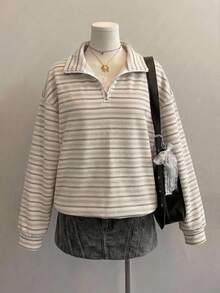 SHEIN EZwear 大尺碼女款休閒半拉鍊條紋圖案寬鬆衛衣，Y2K風格，復古街頭風，適合日常通勤、約會、聚會，秋冬穿著 - 白色 - 查看 6