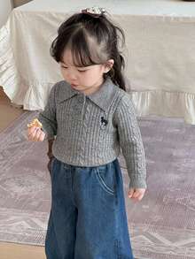 DAZY Baby Girl Button Half-Placket Embroidered Long Sleeve Sweater - Grey - View 8