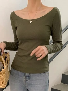 DAZY 女款大圓領修身短袖優雅T恤 灰色 春夏款 - 綠色 - 查看 6
