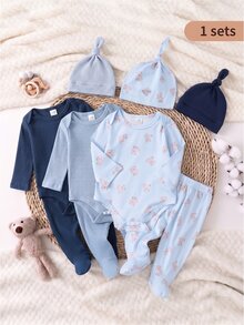 3 Pieces Newborn Long Sleeve Jumpsuit With Footed Pants - Baby Blue - View 1