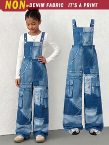 Tween Girl' Suspenders Wide Leg Pants Loose Fit Style School White Blue Spring Casual Baggy - Blue - View 1