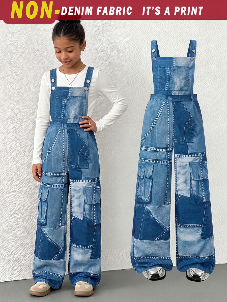 Tween Girl' Suspenders Wide Leg Pants Loose Fit Style School White Blue Spring Casual Baggy - Blue - View 1
