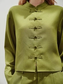 Aveloria Modichic New Chinese Style Frog Button Minimalist Elegant Relaxed Long Sleeve Wide Leg Pants 2 Pieces Set - Olive Green - View 2