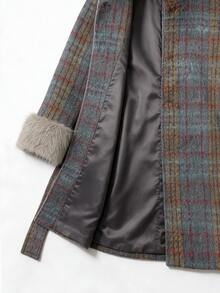 Struktiv Women Plaid Wool Blend Coat Faux Fur Cuff Belted Stand Collar Button Outerwear Fall Winter Retro Green - Mint Blue - View 9
