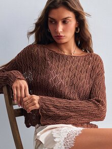 Willow Rêve Women's Solid Color Casual Daily Knit Top - Brown - View 5