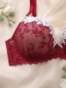 DelicateAllure Underwire Molded Cup High Support Push Up Lift Comfy Balconette Lace Trim Mesh Patchwork Pure Romantic Elegant Exquisite Plus Size Bra - Red - View 5