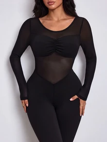 Slayform Slayform Women's Solid Color Contrast Mesh Long Sleeve Ruched Athletic Jumpsuit - Black - View 5