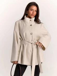 SHEIN BAE Women's Minimalist Button High Neck Long Sleeve Jacket Streetwear - Apricot - View 7