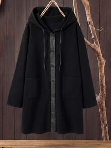 Rusticease Plus Size Fashion Button Pocket Long Sleeve Hooded Jacket Going Out Vacation Black Winter Baggy Smart - Black - View 3