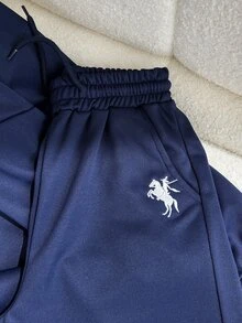 SHEIN 青少年女孩套裝，小高領長袖寬鬆衛衣搭配休閒寬腿運動褲，運動束口褲，校園度假風，海軍藍，秋季 - 藏蓝色 - 查看 4