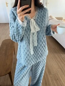 DAZY Women's Comfortable Lace Patchwork Long Sleeve Top And Soft Knit Long Pants Pajama Set - Blue - View 5
