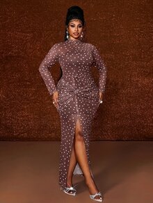Maweii Plus Size Women's Brown Polka Dot Mesh Long Sleeve Waist Twist High Slit Sheer Maxi Bodycon Dress - Brown - View 5