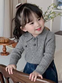 DAZY Baby Girl Button Half-Placket Embroidered Long Sleeve Sweater - Grey - View 4
