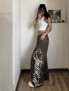 StreetHx Women's Fashion Leopard Print Letter Graphic Wide Leg Denim Jeans - Multicolor - View 3