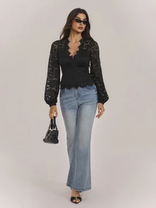 SHEIN Tall Spring/Summer Women's Pure Black Sheer Lantern Sleeve Fitted Elegant Lace Top - Black - View 7