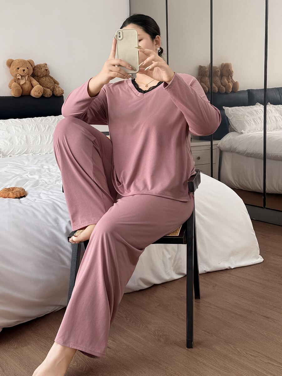 Napfluff CURVE Napfluff CURVE Contrast Color Lace Trim V-Neck Loose Long Sleeve Pants Pajama Set Plus Size - Multicolor - View 1