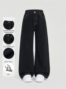 SHEIN Teen Girls Y2K Tea Color Contrast Stitching Black Gray Washed Loose Straight Leg Wide Leg Denim Jeans, Back To School Casual Street Style Denim Pants - Black - View 5