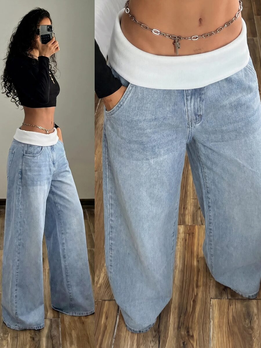 SHEIN Tall Women's Double Waistband Low Waist Slimming Wide Leg Denim Jeans With Pockets - Blue - View 1