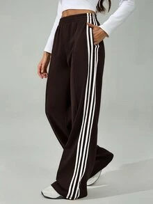 SHEIN Tall 女款彈性腰側條紋寬腿寬鬆休閒運動長褲，返校季 - 咖啡棕 - 查看 1