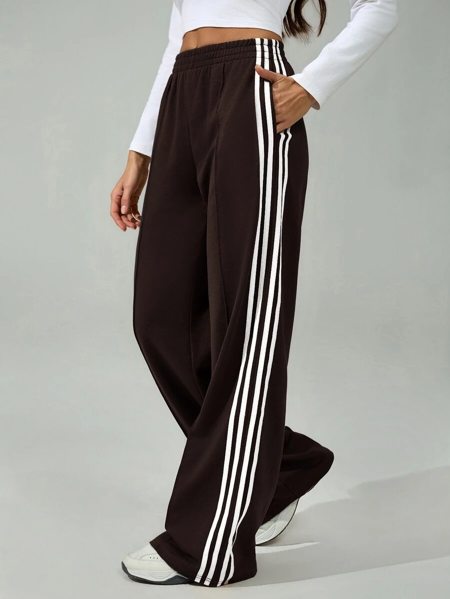 SHEIN Tall 女款彈性腰側條紋寬腿寬鬆休閒運動長褲,返校季 - 咖啡棕 - 查看 1