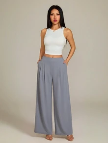 SHEIN PETITE 女款高腰純色百褶寬腿鬆身長褲，基礎休閒款，適合秋冬春季 - 淺灰色 - 查看 6