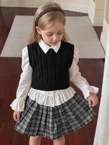 SHEIN Young Girl Ribbed Knit Sweater Vest With Cable Texture, Elegant & Cute, High Quality, Warm & Soft - Black - View 8
