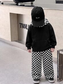 SHEIN 2件組小男孩休閒街頭風條紋連帽長袖衛衣與純色鬆緊腰運動長褲套裝，適合返校、生日、嬰兒洗禮、節日派對，秋冬穿著 - 彩色 - 查看 1