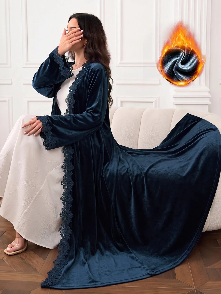 Al Najma Women Fall Winter Warm Navy Blue Velvet Lace Trim Open Front Long Sleeve Loose Long Abaya Kaftan For Home Visiting Gathering