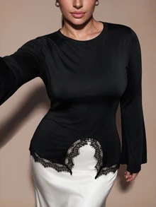 SHEIN BAE CURVE 大尺碼女款蕾絲拼接休閒日常長袖上衣 - 黑色 - 查看 7