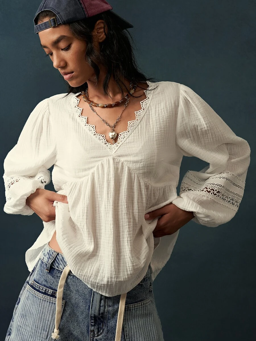 Bohemela Casual Solid Color Woven V-Neck Long Sleeve Ruffle Hem Loose Fit Women's Blouse - White - View 1