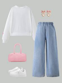SHEIN 2件組女童秋冬返校套裝 8-12歲 粉色與白色 粉色時尚休閒可愛 3D蝴蝶結裝飾 V領長袖外套 寬鬆長褲 - 藍色 - 查看 2
