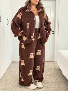 SHEIN CURVE+ Plus Size Thick Fleece Autumn/Winter 2 Pieces Set Long Pants + Cardigan - Multicolor - View 3