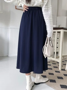 DAZY Autumn/Winter High Waist Navy Blue Button Decor Pleated A-Line Umbrella Skirt Elegant Sweet Commute Daily Women's Skirt - Navy Blue - View 2