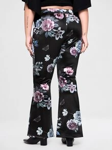 ROMWE Gothic Style Black Background Bright Floral Pattern Flared Leg Plus Size Women's Pants - Black - View 2
