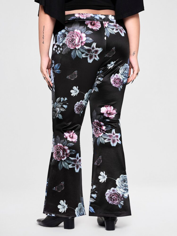 ROMWE Gothic Style Black Background Bright Floral Pattern Flared Leg Plus Size Women's Pants - Black - View 2