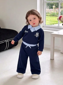 Infant & Toddler 2 Pieces Set, Long Sleeve Sweatshirt + Light-Colored Faux Layered Collar Design, Ribbed Cuffs; Paired With Matching Wide-Leg Long Pants, Suitable For Daily School, Back To School, Suburban Outings, Visiting Friends And Family, Spring And Autumn Wear, Stylish And Cute - Blue - View 1