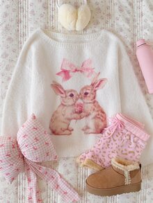 Comfortcana Women's Sweet Cartoon Rabbit Print Off-Shoulder Knit Top - White - View 4