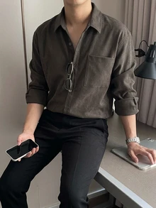 DAZY Spring/Autumn Grey Solid Color Korean Style Casual Men's Shirt - Grey - View 8