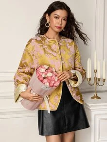 EastFlair Women's New Chinese Style Elegant Jacquard Frog Button Open Front Jacket Dinner Date Night Pink And Gold Fall Fall/Winter Chinese Style - Multicolor - View 8