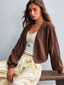 Willow Rêve Women's Brown Drop Shoulder Long Sleeve Sweatshirt Jacket Suitable For Daily Wear - Brown - View 7