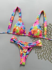 SHEIN Swim Women's Sexy Beach Vacation Bikini Set, Spring/Summer, Multi-Color Fashion Popular Colors, Halter Tie + Back Tie Bikini Top, Sexy Ruched Back + Side Ruched Waist Design Bikini Bottom, Street Style Music Festival Party Pool Swimsuit - Multicolor - View 1