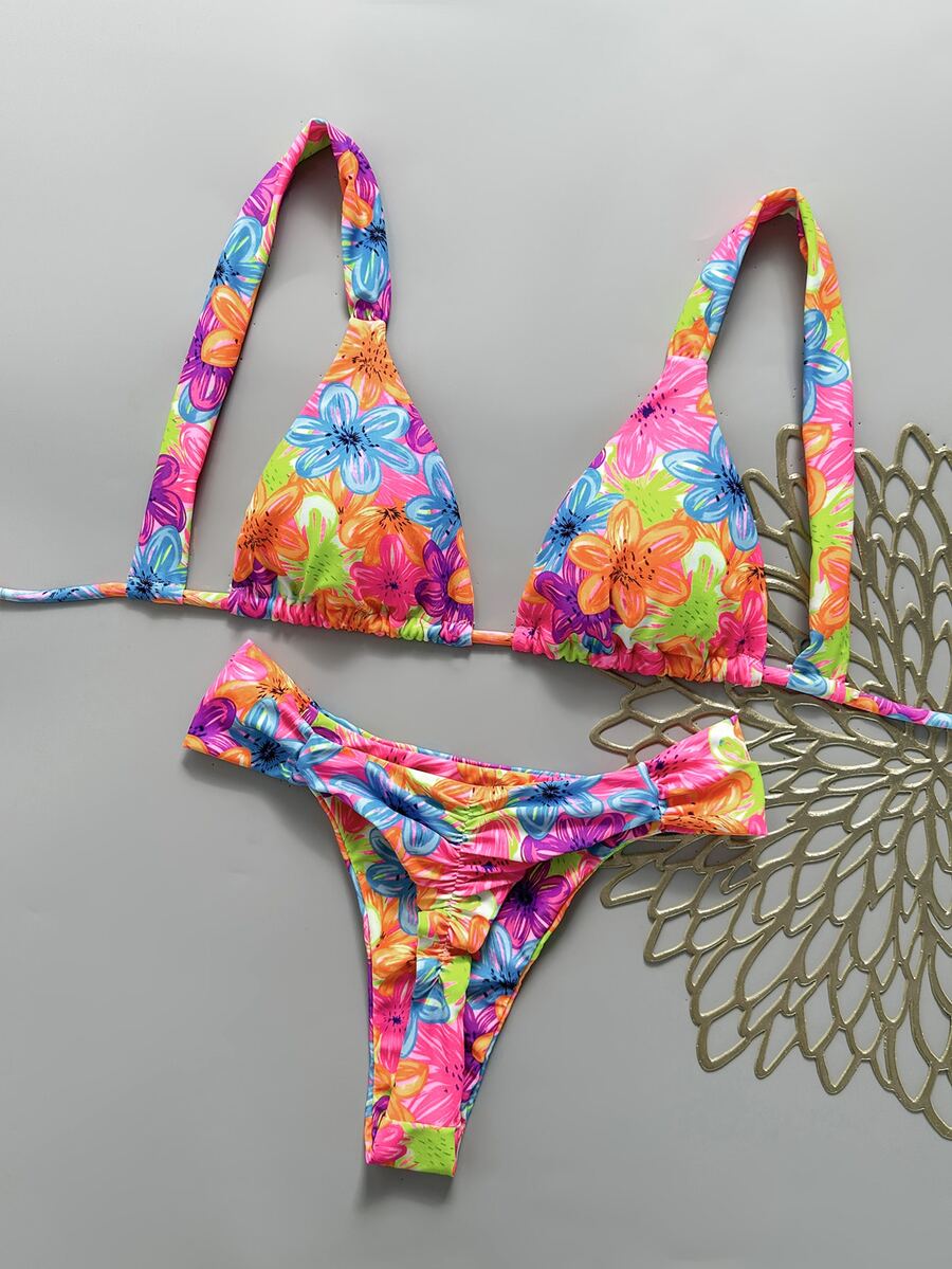 SHEIN Swim Women's Sexy Beach Vacation Bikini Set, Spring/Summer, Multi-Color Fashion Popular Colors, Halter Tie + Back Tie Bikini Top, Sexy Ruched Back + Side Ruched Waist Design Bikini Bottom, Street Style Music Festival Party Pool Swimsuit - Multicolor - View 1